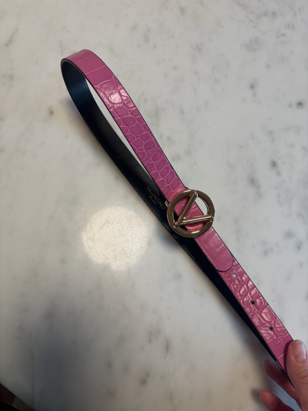 Valentino Croc-Embossed Pink Leather Belt with Gold Logo Buckle